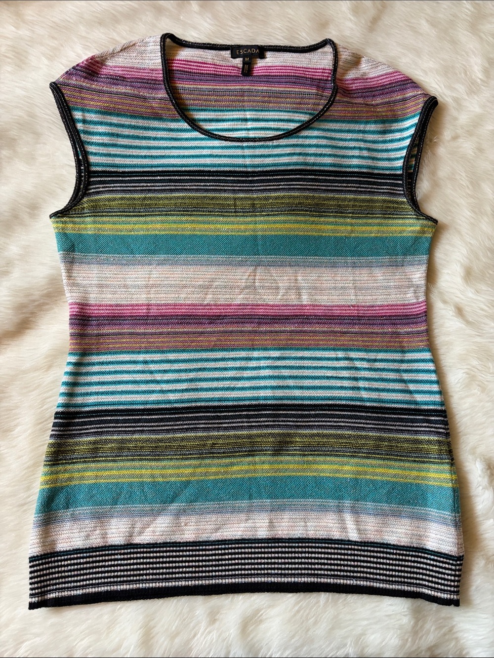 Escada Multicolor Striped Cap-Sleeve Knit Top - Teal, Pink, Black